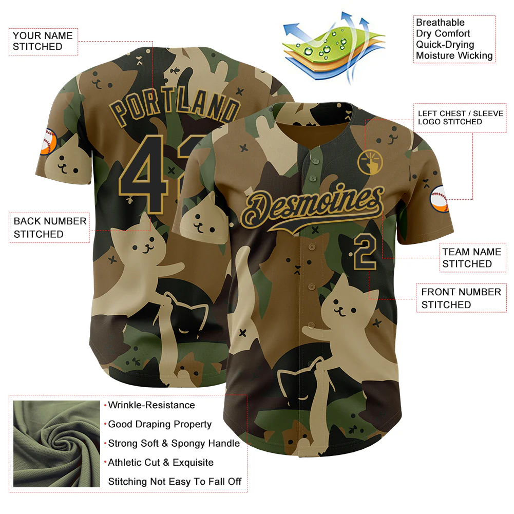 Custom Camo Black-Old Gold 3D Tobe Fonseca Camouflage Cat Army Authentic Baseball Jersey - Image 3