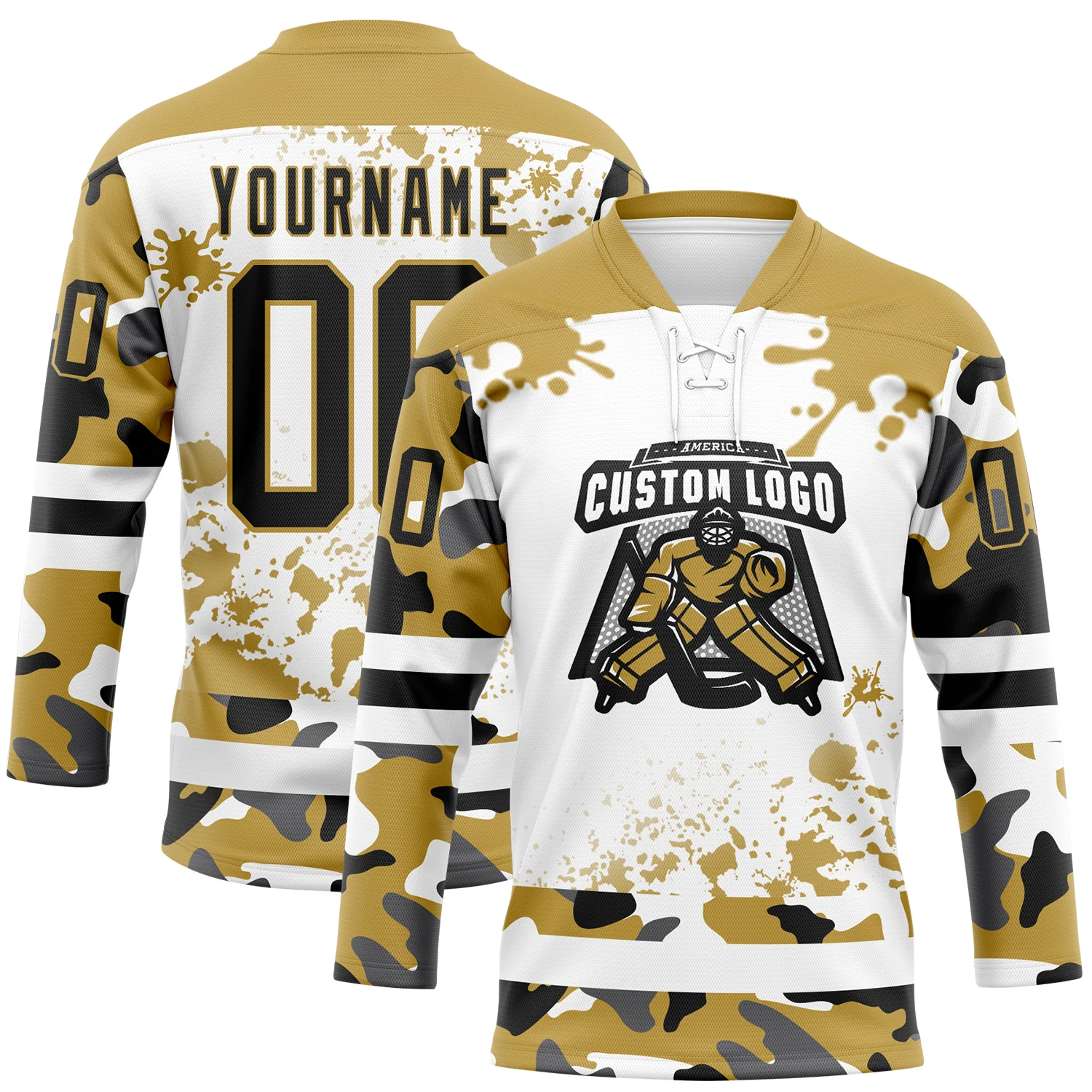 Custom Camo Black Old Gold-White Splash Hockey Lace Neck Jersey - Image 2