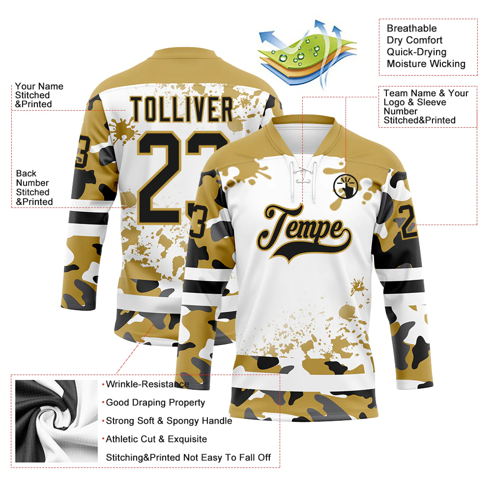 Custom Camo Black Old Gold-White Splash Hockey Lace Neck Jersey - Image 3