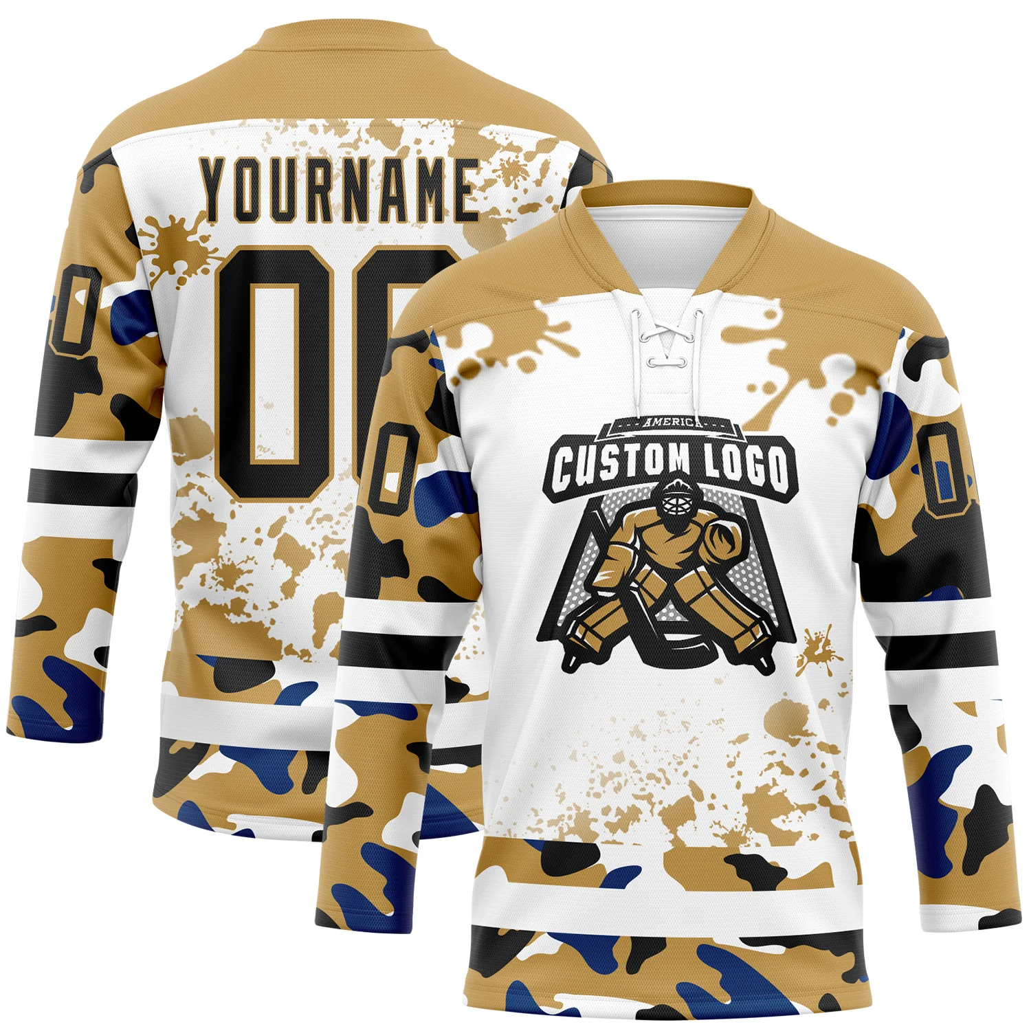 Custom Camo Black Old Gold-White Splash Hockey Lace Neck Jersey - Image 2