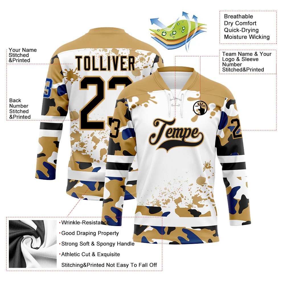 Custom Camo Black Old Gold-White Splash Hockey Lace Neck Jersey - Image 3