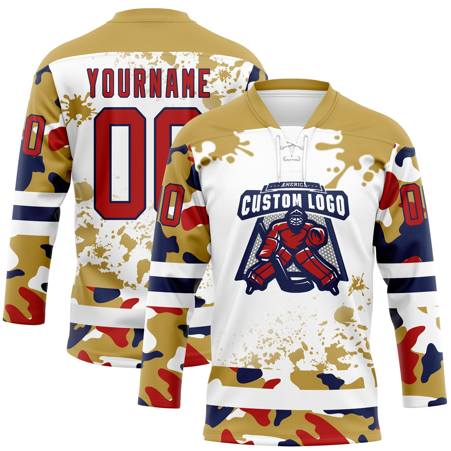 Custom Camo Red Old Gold Navy-White Splash Hockey Lace Neck Jersey - Image 2