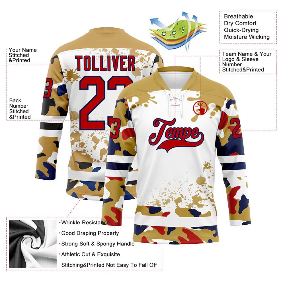 Custom Camo Red Old Gold Navy-White Splash Hockey Lace Neck Jersey - Image 3