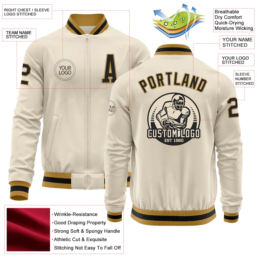 Custom Cream Black-Old Gold Bomber Varsity Letterman Zipper Jacket - Image 4