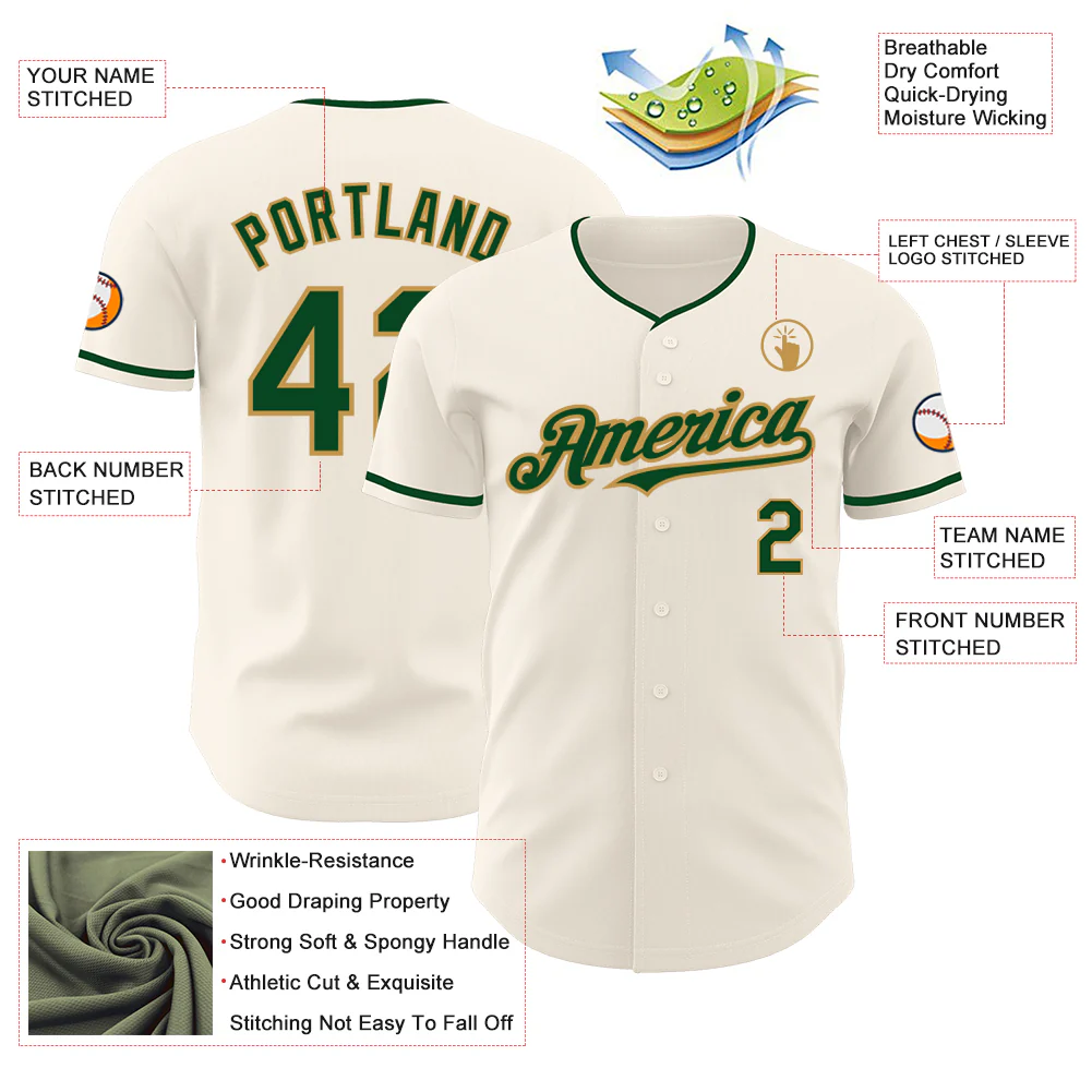 Custom Cream Green-Old Gold Authentic Baseball Jersey - Image 3