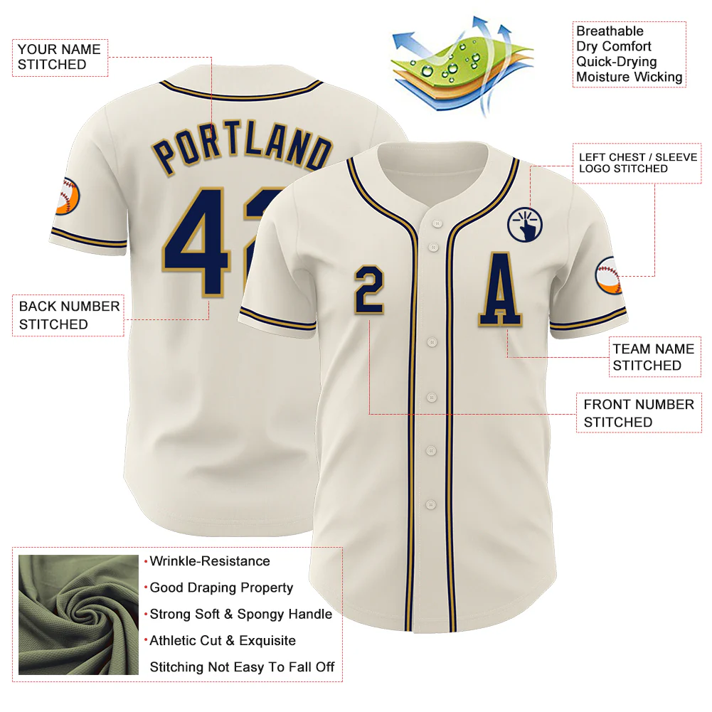 Custom Cream Navy-Old Gold Authentic Baseball Jersey - Image 2