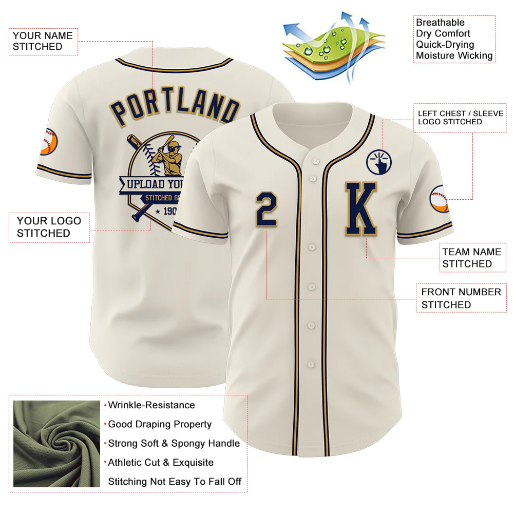 Custom Cream Navy-Old Gold Authentic Baseball Jersey - Image 6
