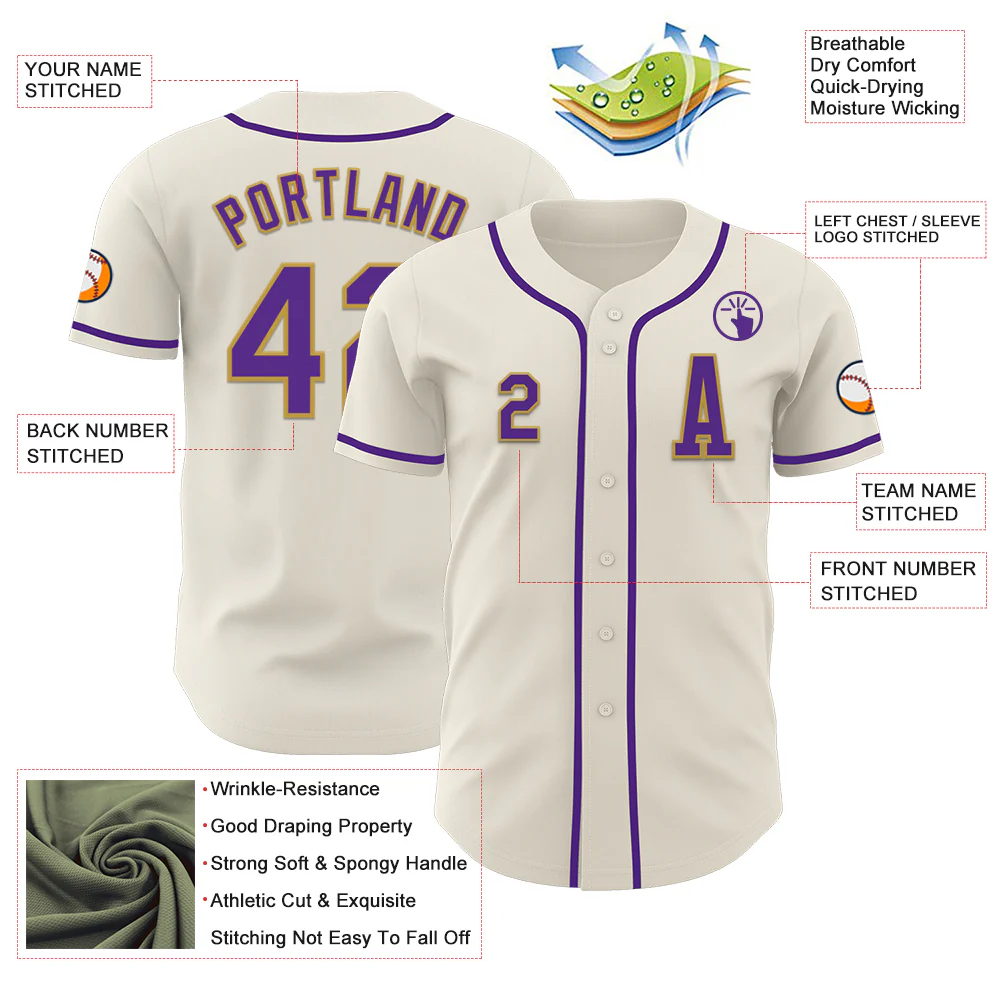 Custom Cream Purple-Old Gold Authentic Baseball Jersey - Image 2