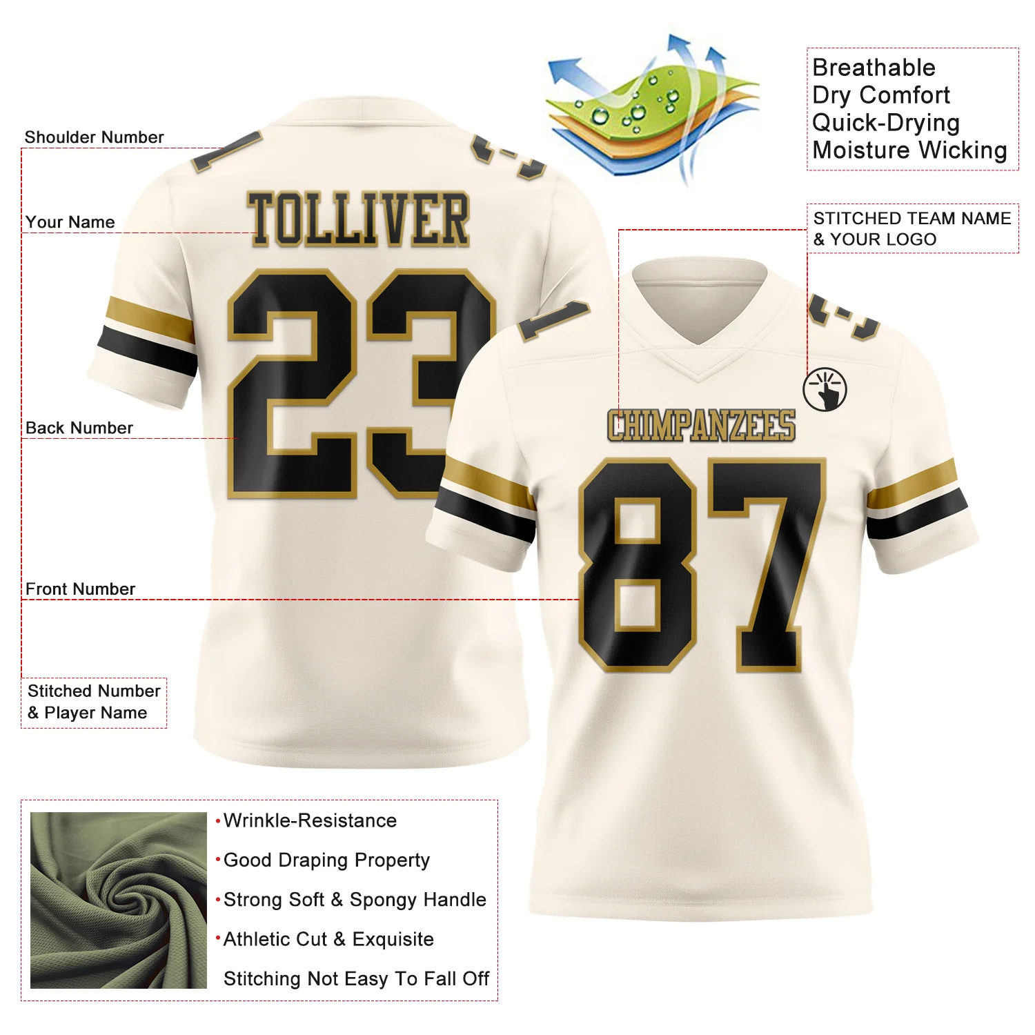 Custom Cream Black-Old Gold Authentic Football Jersey - Image 3