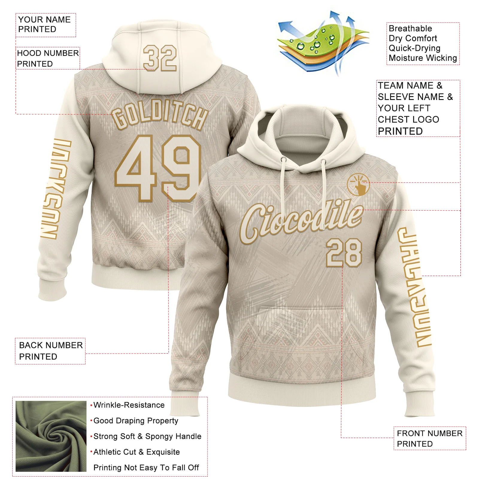 Custom Cream Old Gold 3D Pattern Design Ethnic Tribal Sportswear Pullover Sweatshirt Hoodie - Image 2