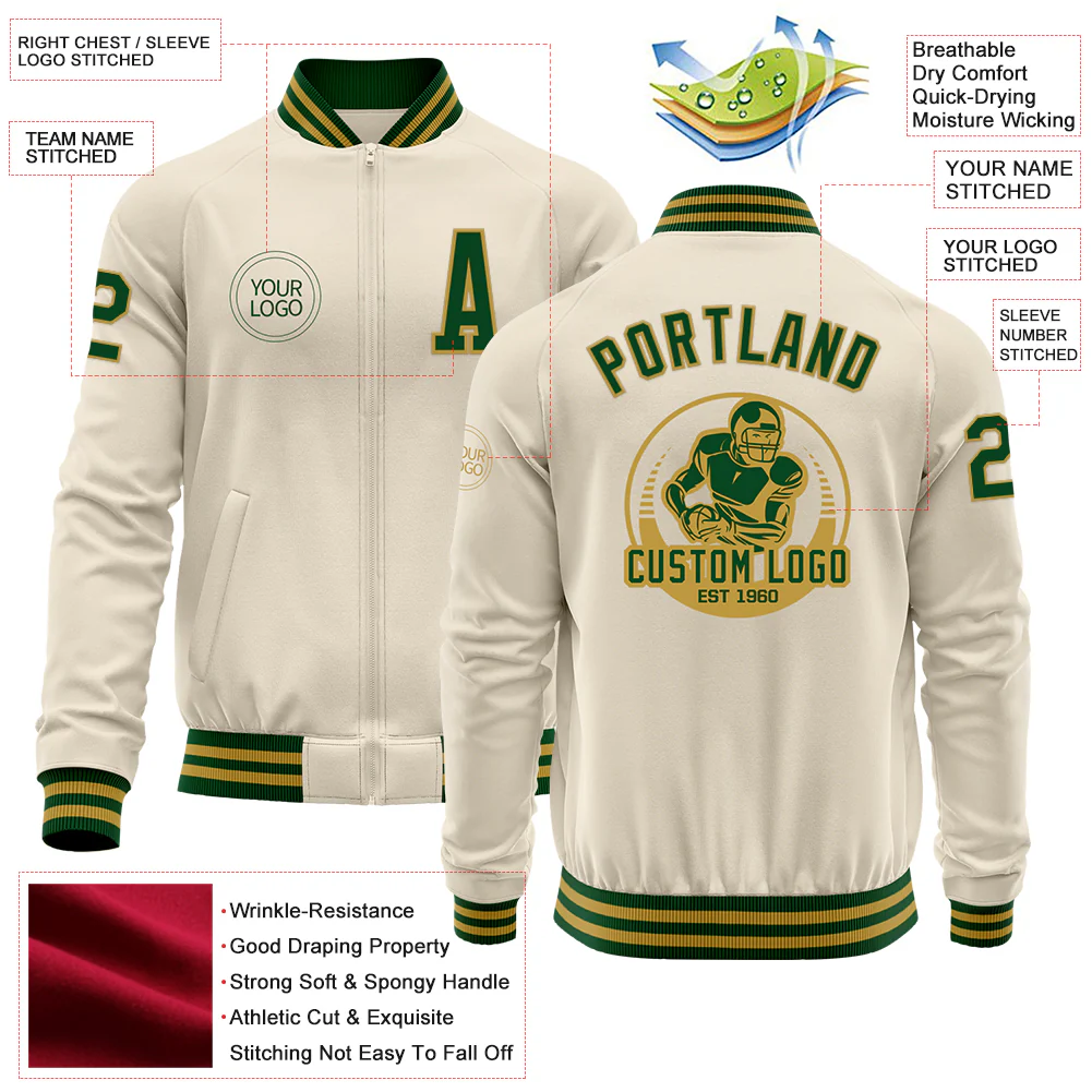 Custom Cream Green-Old Gold Bomber Varsity Letterman Zipper Jacket - Image 4