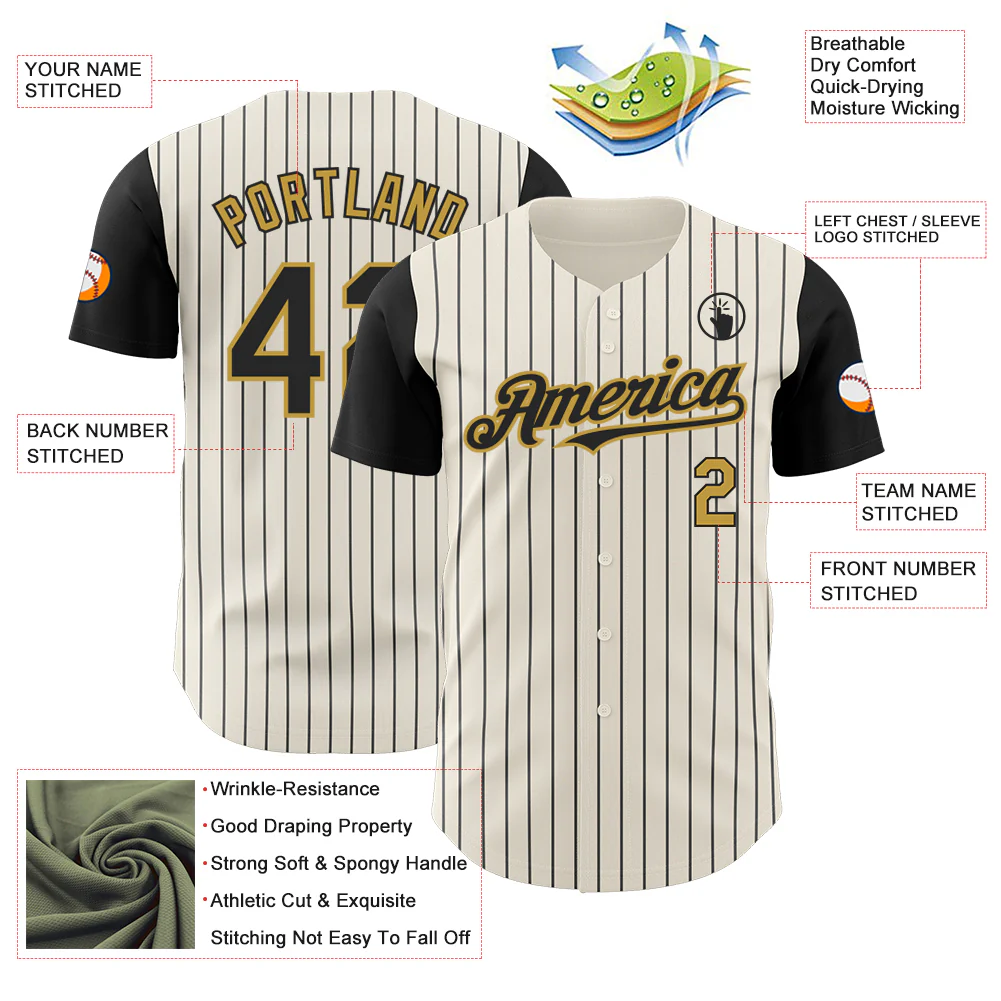 Custom Cream Black Pinstripe Old Gold Authentic Two Tone Baseball Jersey - Image 3