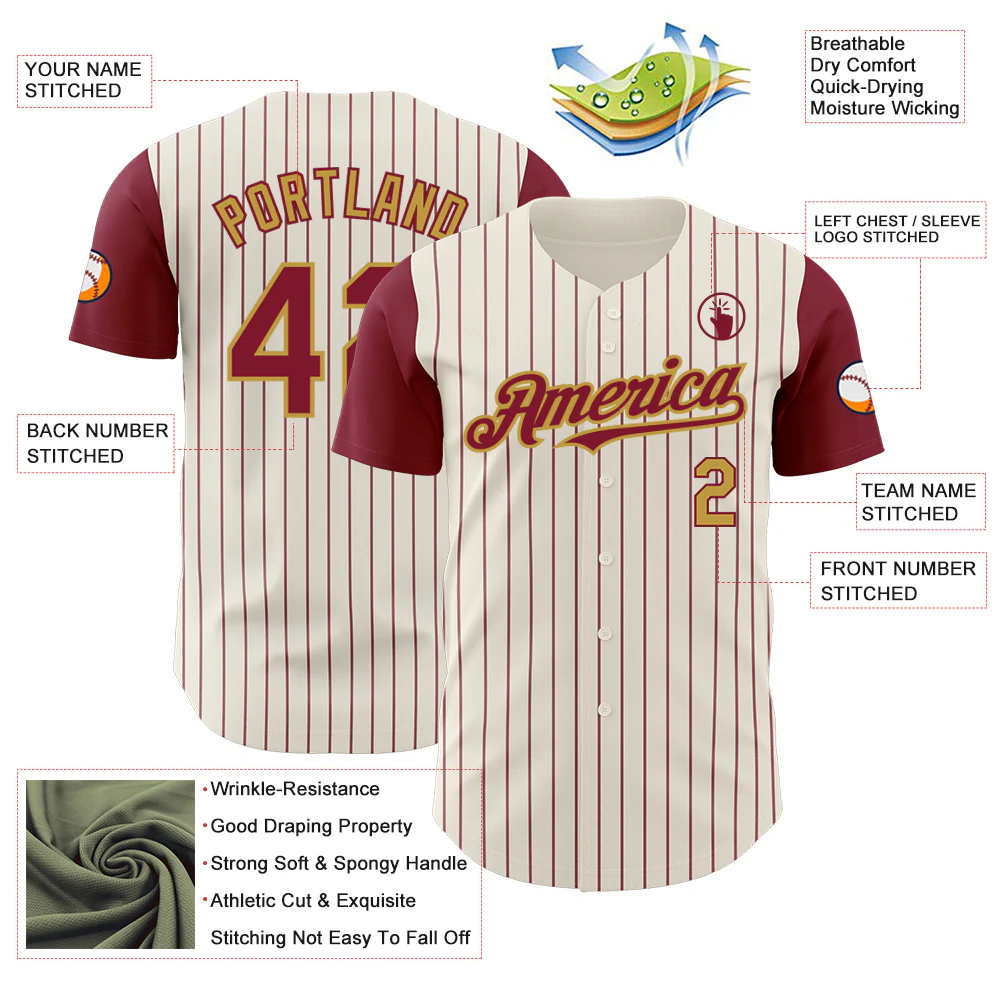 Custom Cream Crimson Pinstripe Old Gold Authentic Two Tone Baseball Jersey - Image 3