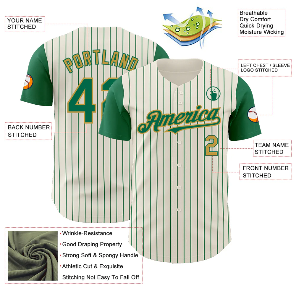 Custom Cream Kelly Green Pinstripe Old Gold Authentic Two Tone Baseball Jersey - Image 3