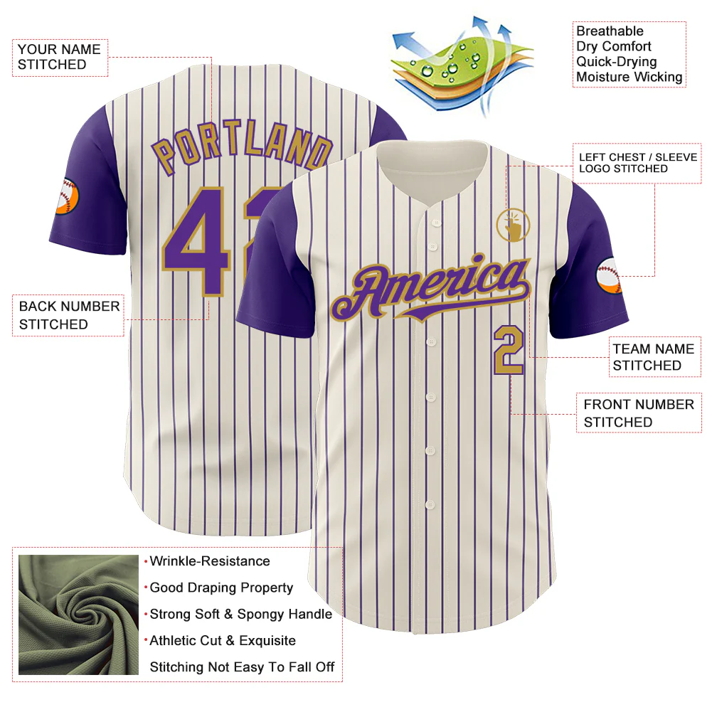 Custom Cream Purple Pinstripe Old Gold Authentic Two Tone Baseball Jersey - Image 3