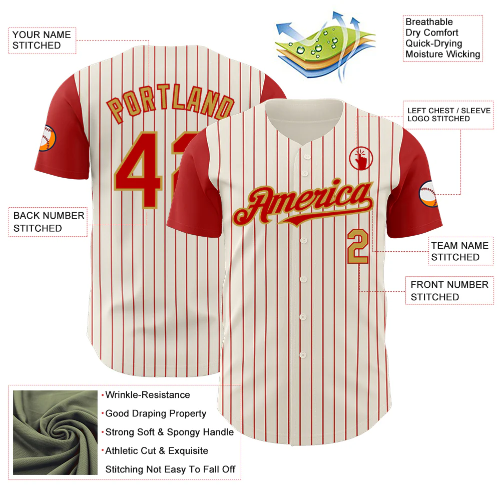 Custom Cream Red Pinstripe Old Gold Authentic Two Tone Baseball Jersey - Image 3