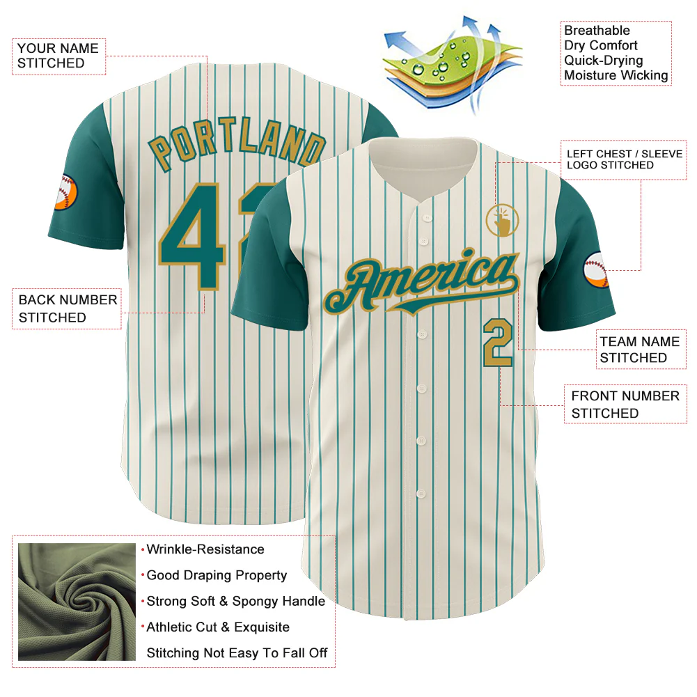 Custom Cream Teal Pinstripe Old Gold Authentic Two Tone Baseball Jersey - Image 3