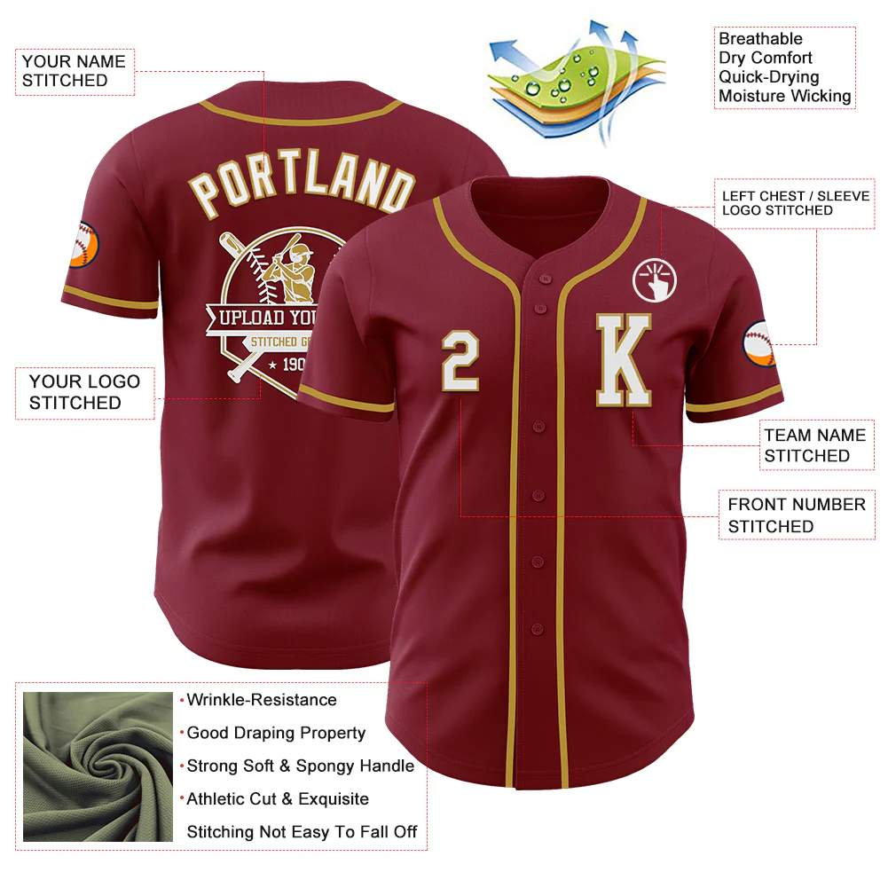 Custom Crimson White-Old Gold Authentic Baseball Jersey - Image 6