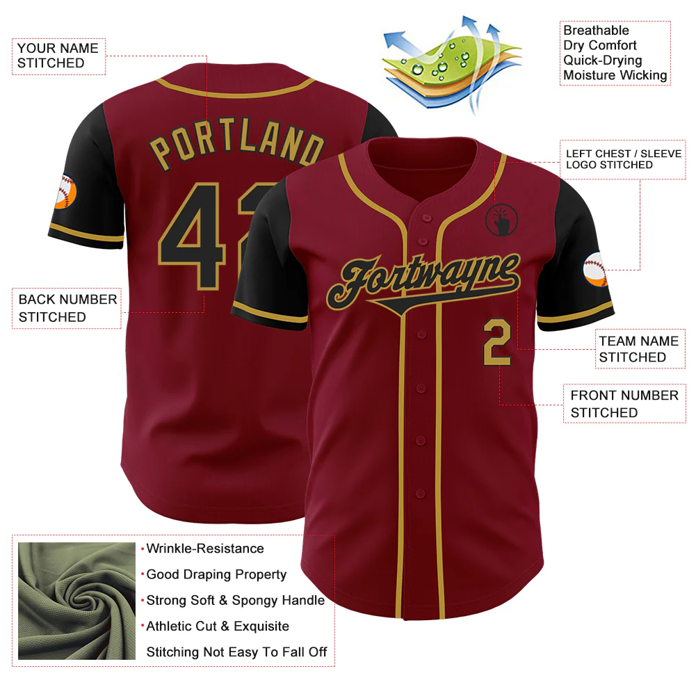 Custom Crimson Black-Old Gold Authentic Two Tone Baseball Jersey - Image 3