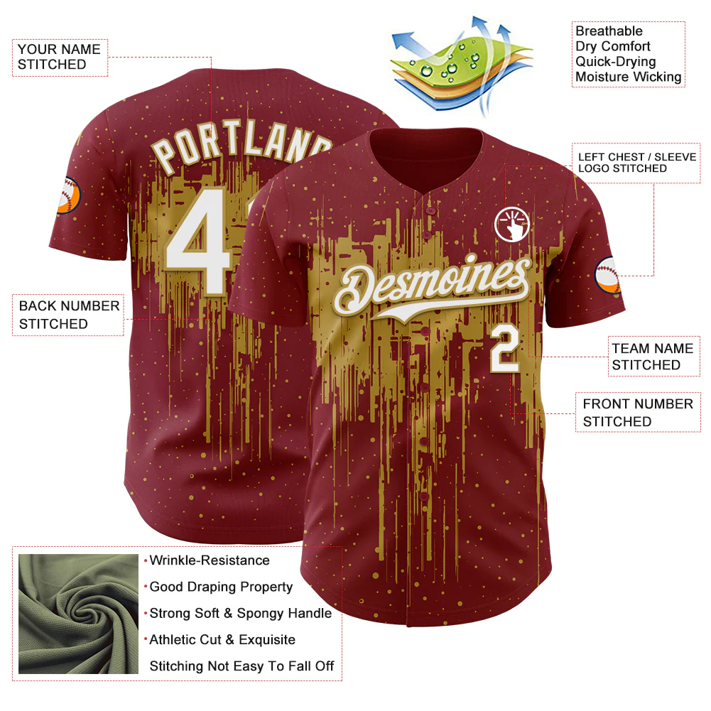 Custom Crimson White-Old Gold Dripping Splatter Paint Authentic Baseball Jersey - Image 3