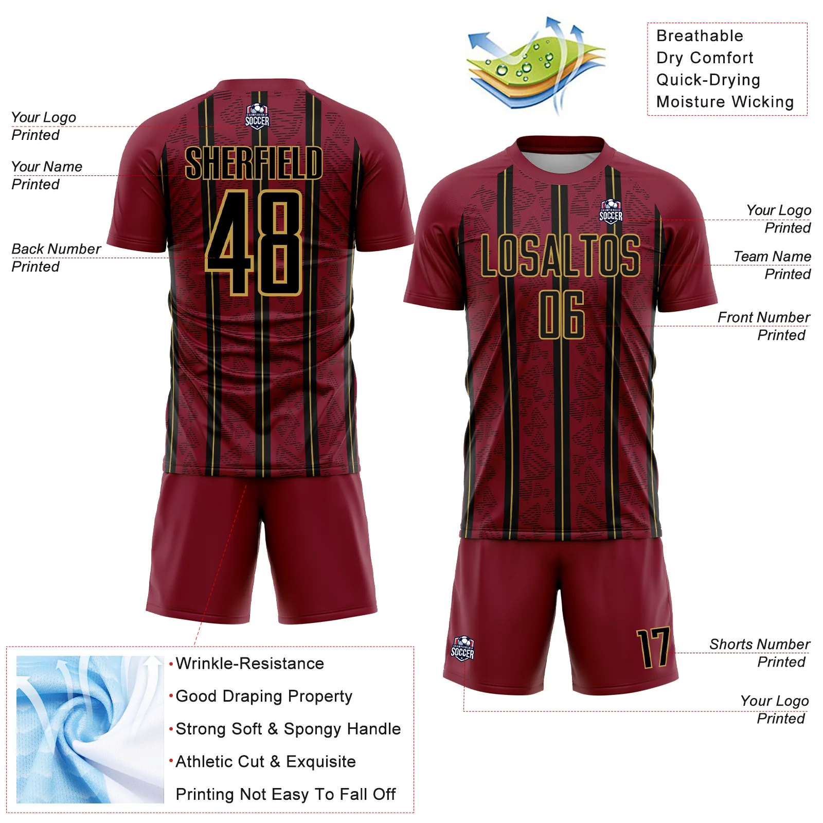 Custom Crimson Black-Old Gold Stripe Line Sublimation Soccer Uniform Jersey - Image 4