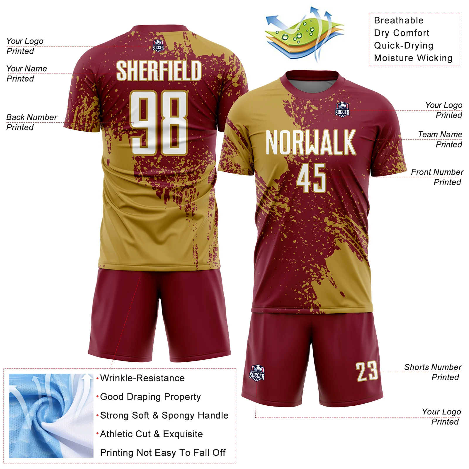 Custom Crimson White-Old Gold Abstract Brush Stroke Sports Sublimation Soccer Uniform Jersey - Image 4