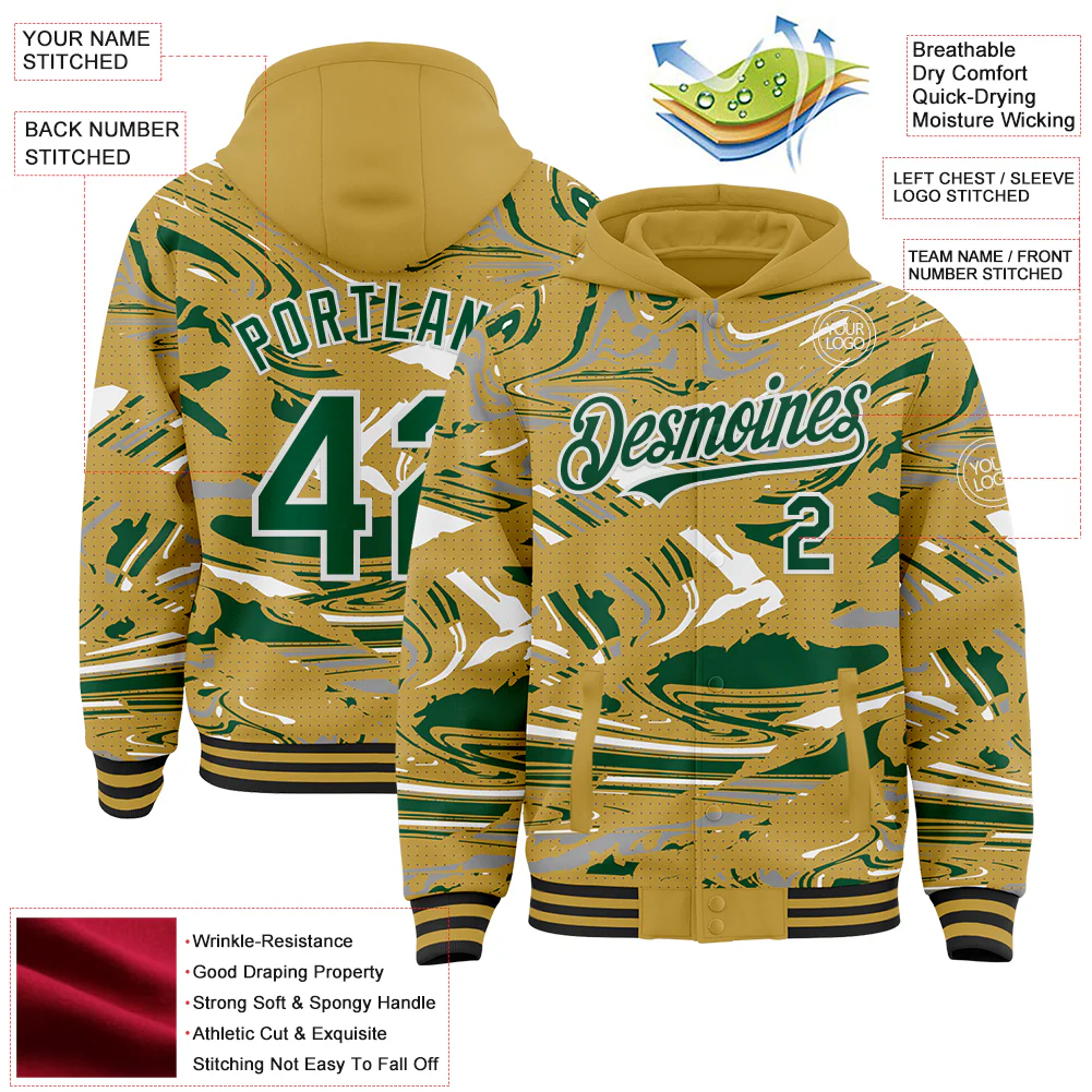Custom Figure Kelly Green Old Gold Black-White Fluid Pattern Bomber Full-Snap Varsity Letterman Hoodie Jacket - Image 4