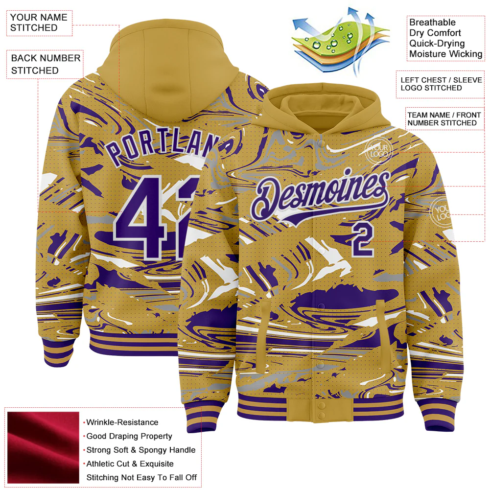 Custom Figure Purple Old Gold-White Fluid Pattern Bomber Full-Snap Varsity Letterman Hoodie Jacket - Image 4