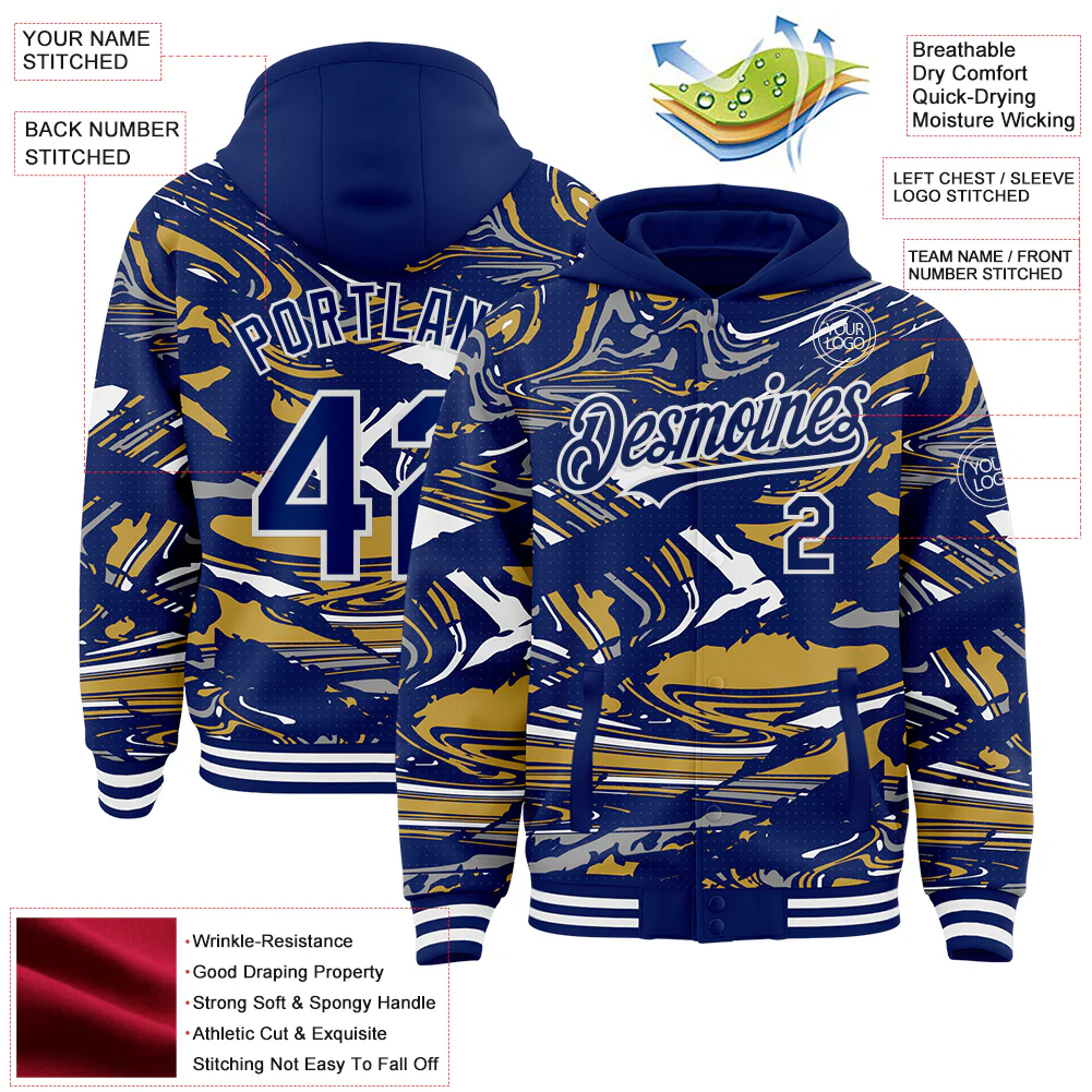Custom Figure Royal Old Gold-White Fluid Pattern Bomber Full-Snap Varsity Letterman Hoodie Jacket - Image 4