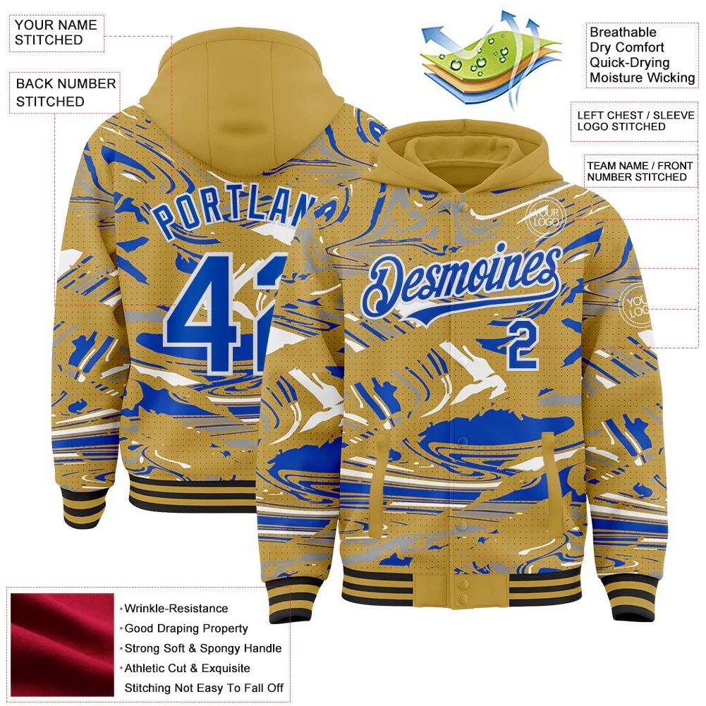 Custom Figure Thunder Blue Old Gold Black-White Fluid Pattern Bomber Full-Snap Varsity Letterman Hoodie Jacket - Image 4