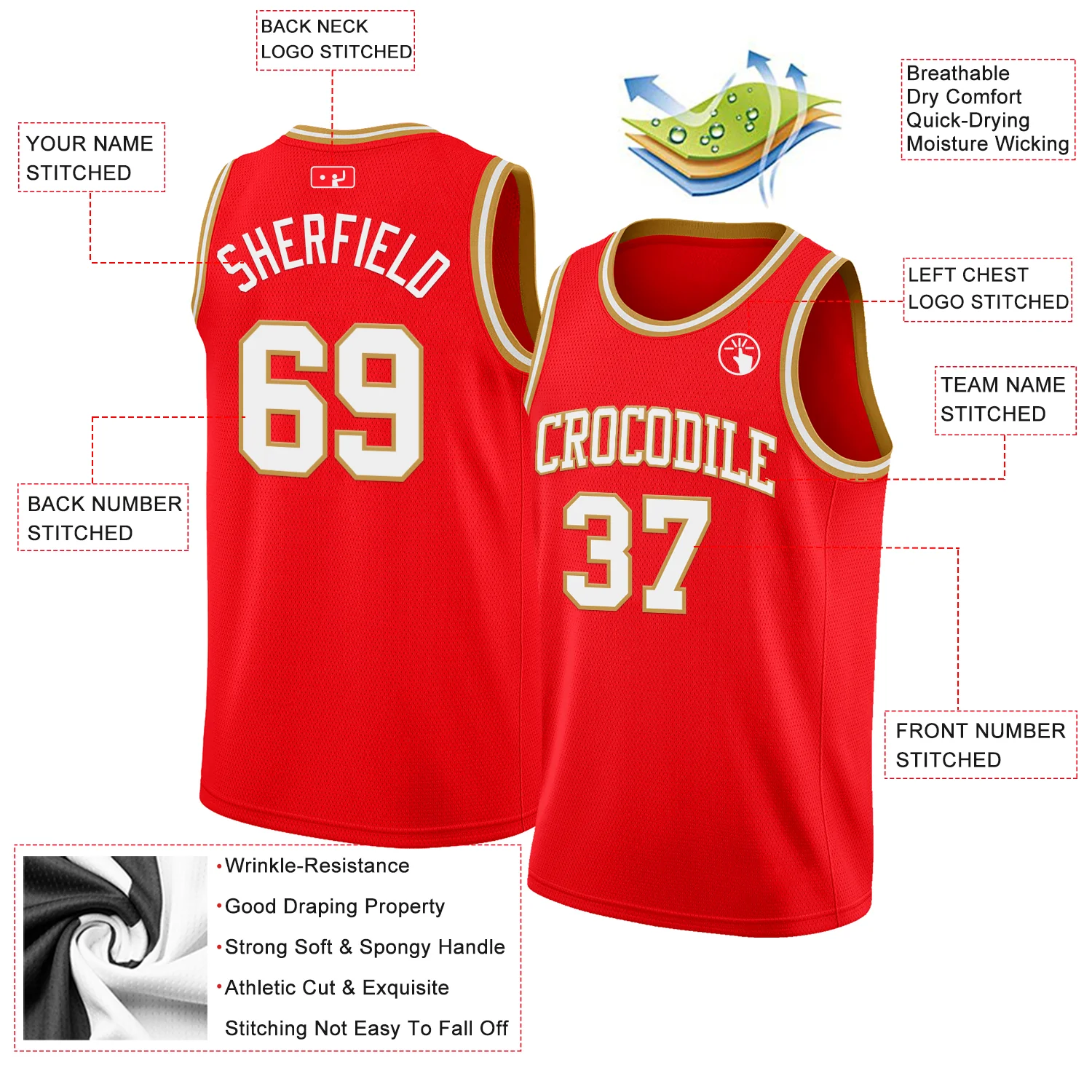 Custom Fire Red White-Old Gold Authentic Basketball Jersey - Image 2