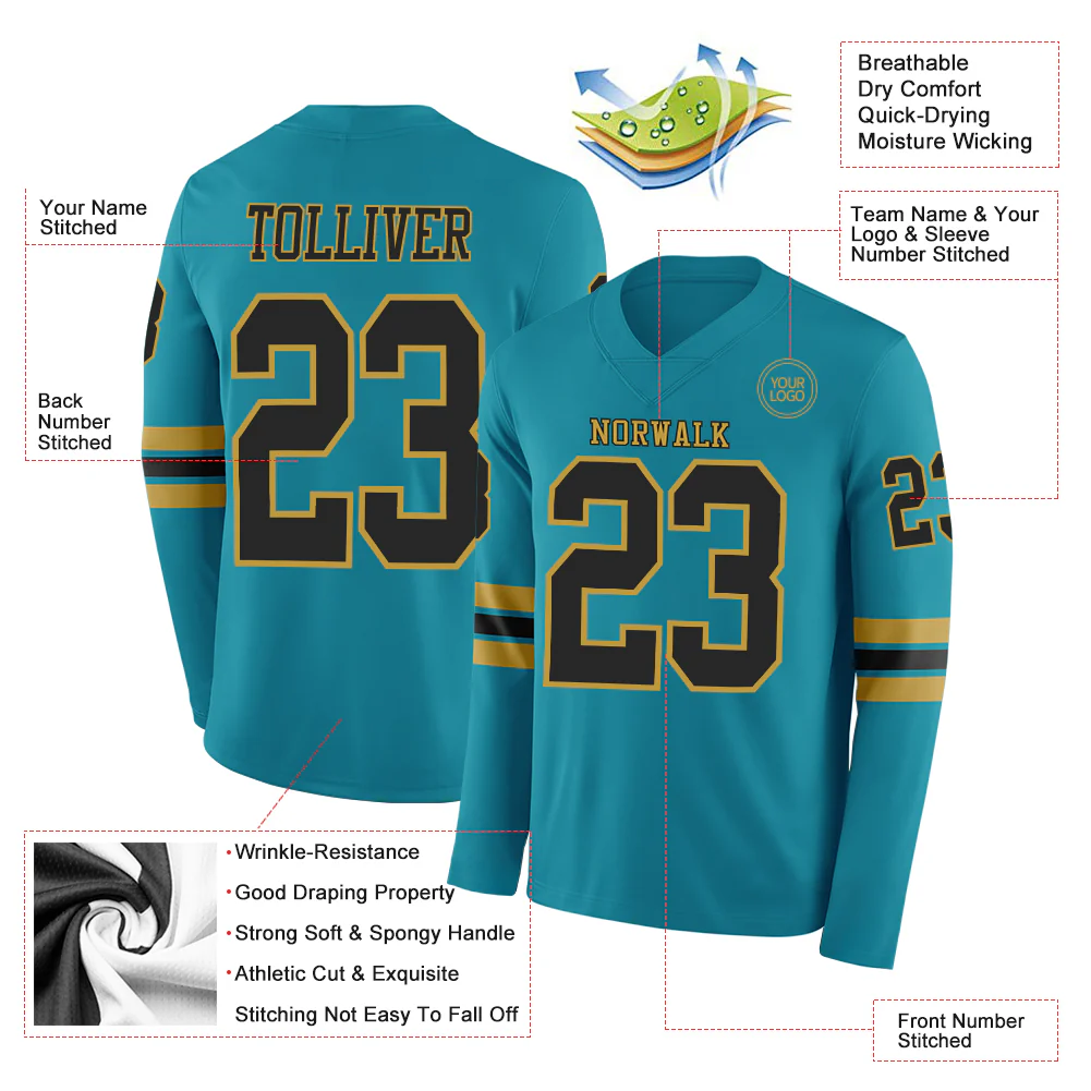 Custom Teal Black-Old Gold Long Sleeve Authentic Football Jersey - Image 2