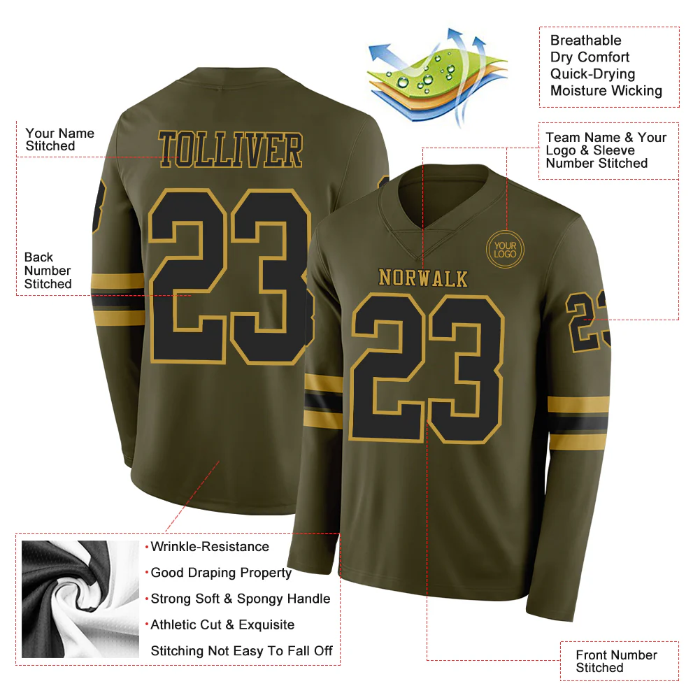 Custom Olive Black-Old Gold Long Sleeve Salute To Service Authentic Football Jersey - Image 2