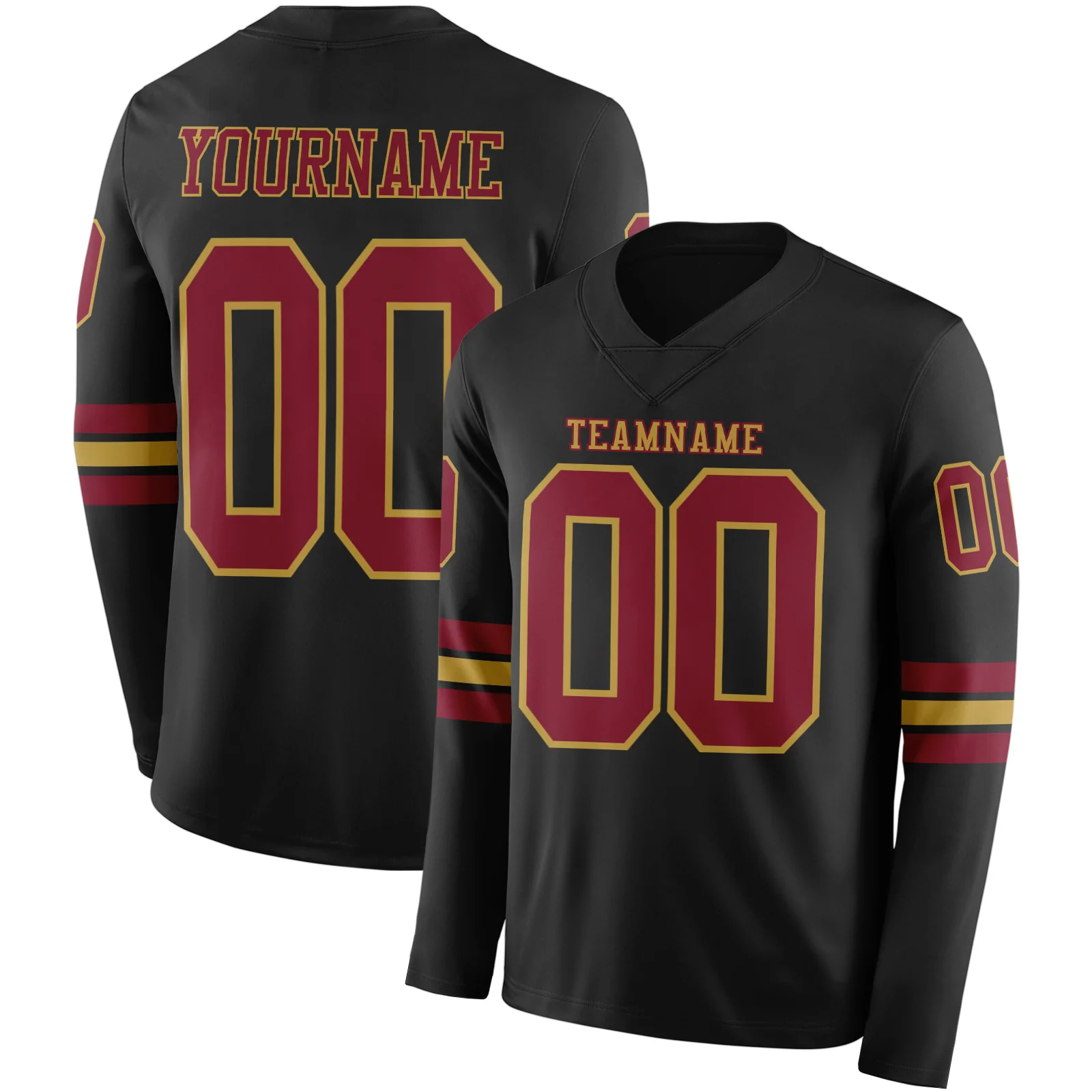 Custom Black Crimson-Old Gold Long Sleeve Authentic Football Jersey