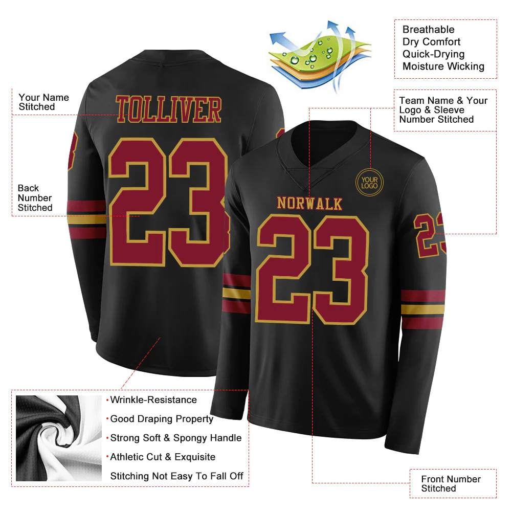 Custom Black Crimson-Old Gold Long Sleeve Authentic Football Jersey - Image 2