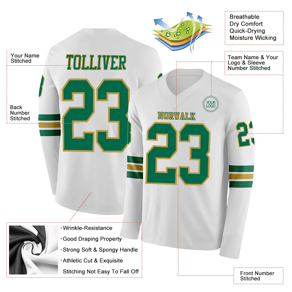 Custom White Kelly Green-Old Gold Long Sleeve Authentic Football Jersey - Image 2