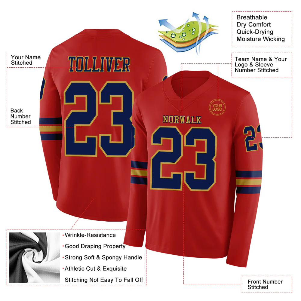 Custom Red Navy-Old Gold Long Sleeve Authentic Football Jersey - Image 2