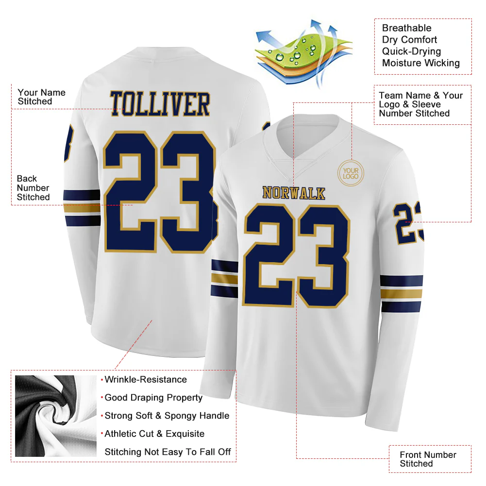 Custom White Navy-Old Gold Long Sleeve Authentic Football Jersey - Image 2