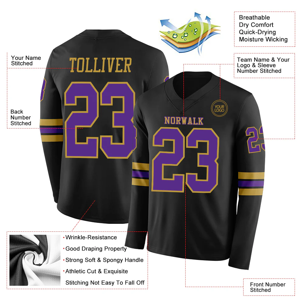 Custom Black Purple-Old Gold Long Sleeve Authentic Football Jersey - Image 2