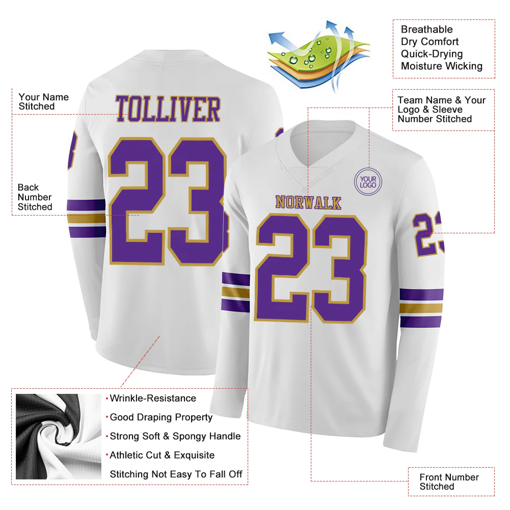 Custom White Purple-Old Gold Long Sleeve Authentic Football Jersey - Image 2