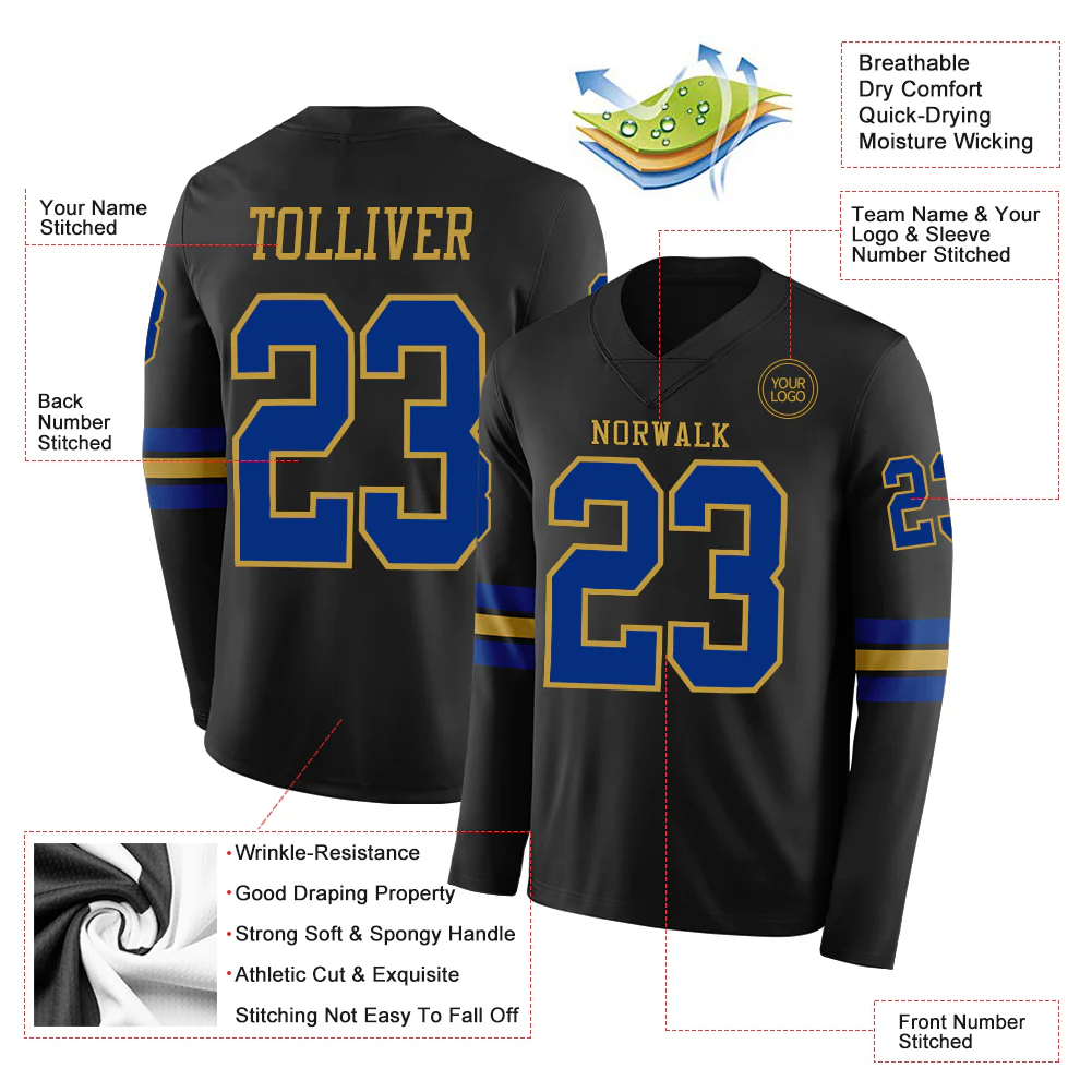 Custom Black Royal-Old Gold Long Sleeve Authentic Football Jersey - Image 2