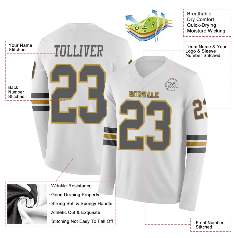 Custom White Steel Gray-Old Gold Long Sleeve Authentic Football Jersey - Image 2