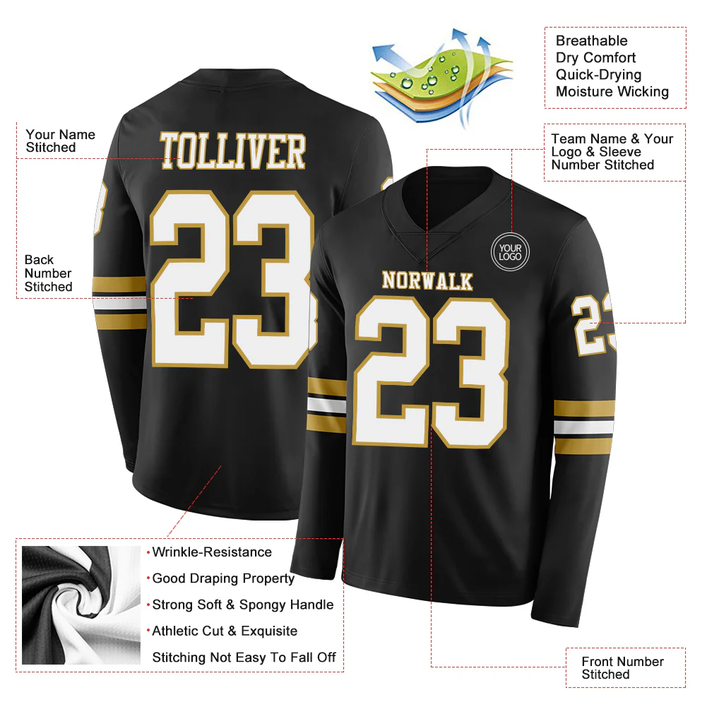 Custom Black White-Old Gold Long Sleeve Authentic Football Jersey - Image 2