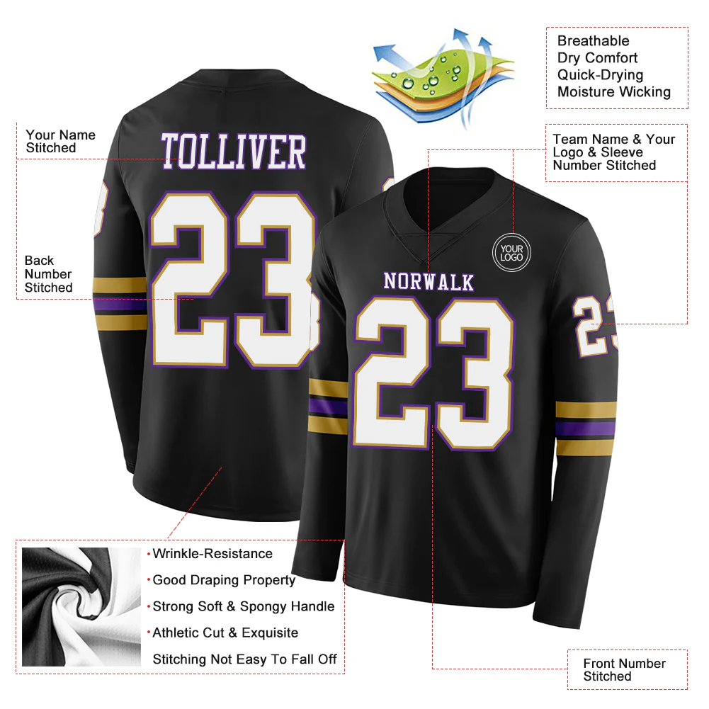 Custom Black White Old Gold-Purple Long Sleeve Authentic Football Jersey - Image 2