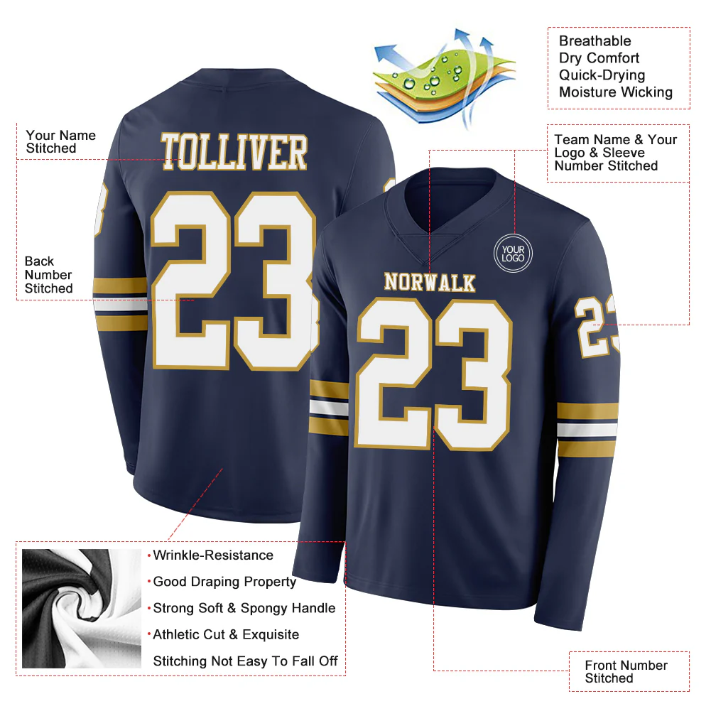 Custom Navy White-Old Gold Long Sleeve Authentic Football Jersey - Image 2