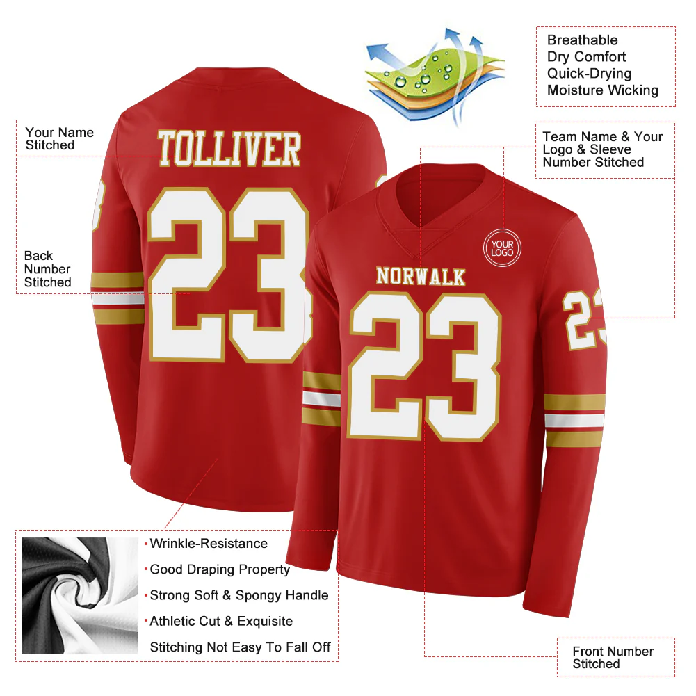 Custom Red White-Old Gold Long Sleeve Authentic Football Jersey - Image 2