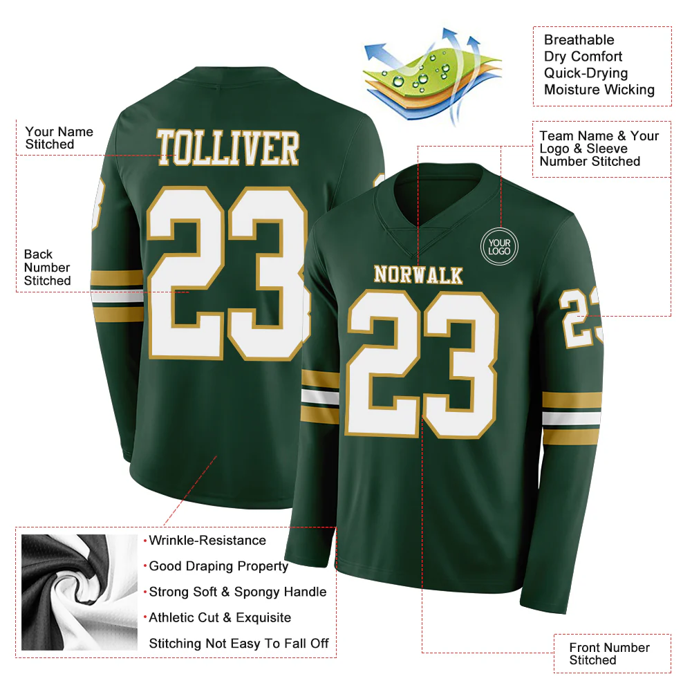 Custom Green White-Old Gold Long Sleeve Authentic Football Jersey - Image 2