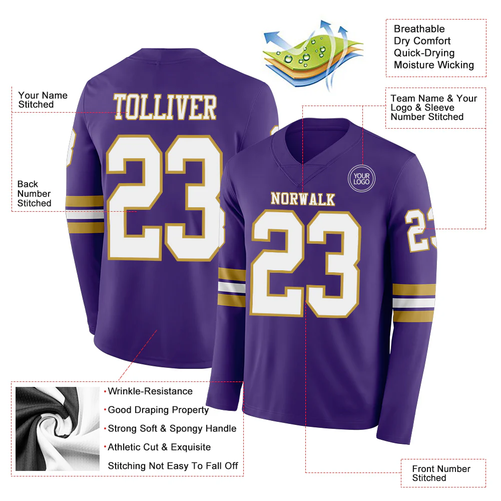 Custom Purple White-Old Gold Long Sleeve Authentic Football Jersey - Image 2