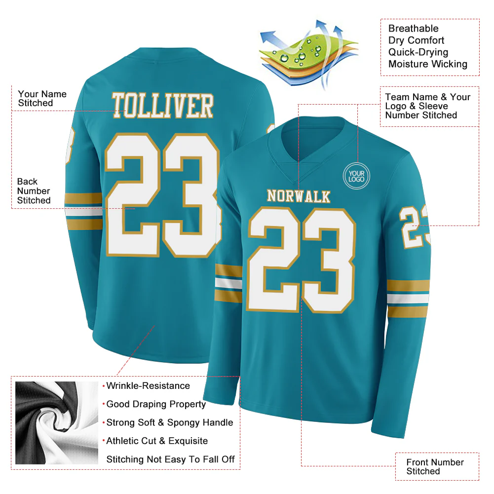 Custom Teal White-Old Gold Long Sleeve Authentic Football Jersey - Image 2