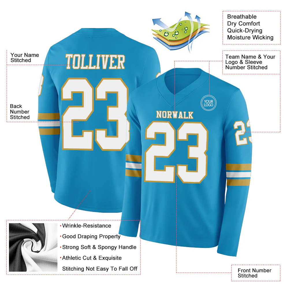 Custom Panther Blue White-Old Gold Long Sleeve Authentic Football Jersey - Image 2